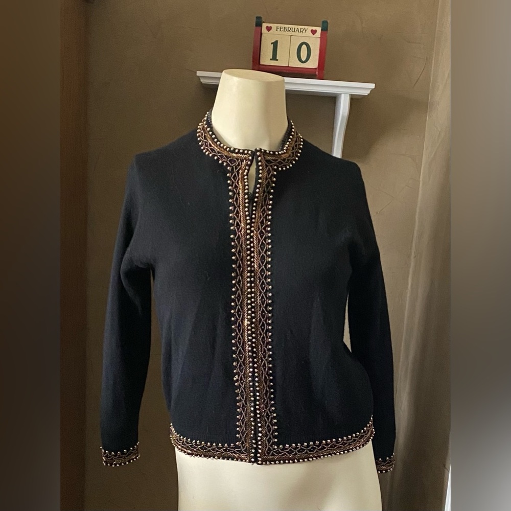 Vintage Rajkumar cashmere women sweater Cardigan blazer jacket with sequins trim